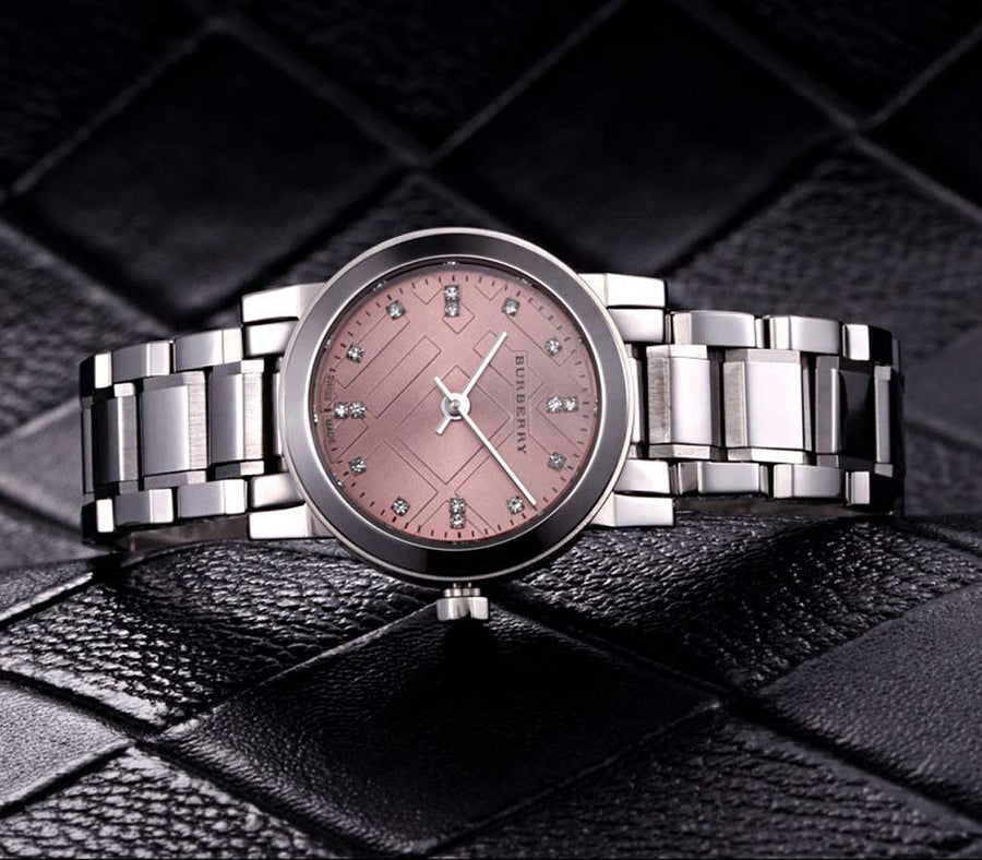 Burberry The City Diamonds Pink Dial Silver Steel Strap Watch for Women - BU9223
