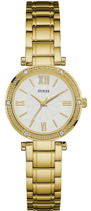 Guess Park Ave South Analog White Dial Gold Steel Strap Watch For Women - W0767L2