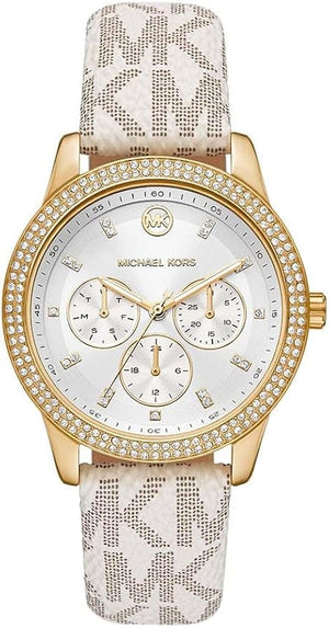 Michael Kors Tibby Multifunction Silver Dial White Leather Strap Watch For Women - MK6967