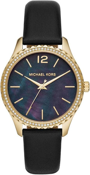 Michael Kors Layton Three Hand Mother of Pearl Black Dial Black Leather Strap Watch For Women - MK2911