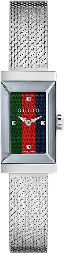 Gucci G Frame Quartz Diamonds Green & Red Mother of Pearl Dial Silver Mesh Bracelet Watch For Women - YA147510