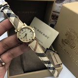 Burberry The City Gold Dial Haymarket Brown Leather Strap Watch for Women - BU9219