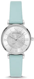 Emporio Armani Gianni T Bar Analog Crystals Silver Dial Blue Leather Strap Watch For Women - AR11443