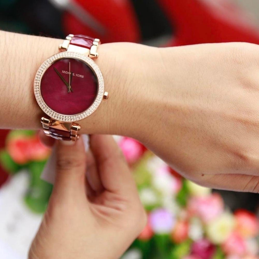 Michael Kors Parker Mother of Pearl Red Dial Two Tone Steel Strap Watch for Women - MK6427