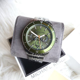 Michael Kors Cunningham Multifunction Chronograph Green Dial Grey Steel Strap Watch For Men - MK7158