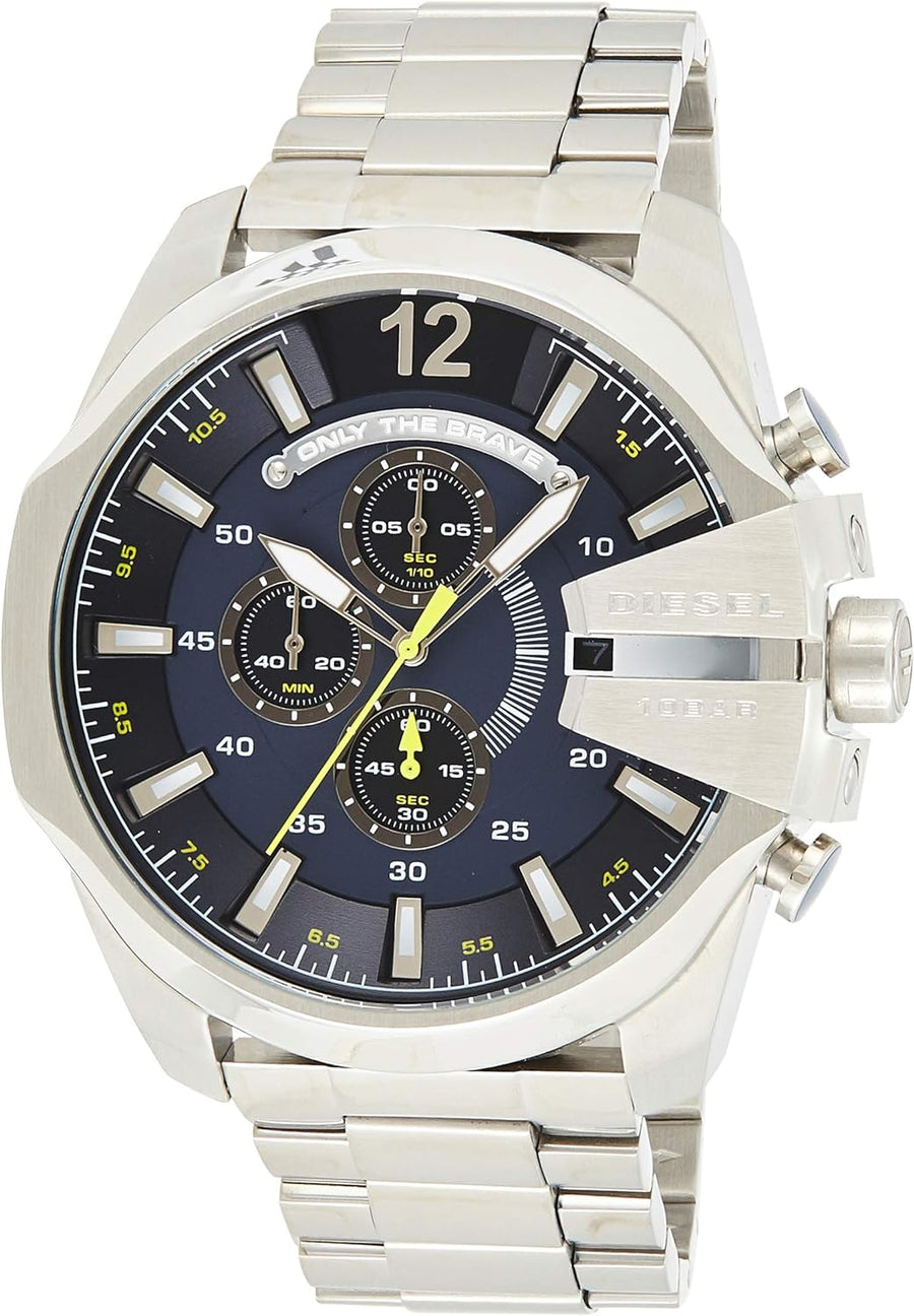 Diesel Mega Chief Chronograph Blue Dial Silver Steel Strap Watch For Men - DZ4465