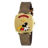 Gucci Grip Disney Mickey Mouse Gold Dial Brown Leather Strap Watch For Women - YA157420