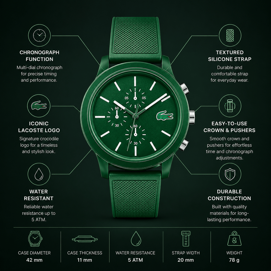 Lacoste 12.12 Chronograph Green Dial Green Silicone Strap Watch for Men - 2010973