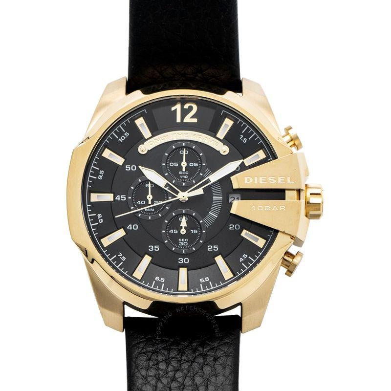 Diesel Mega Chief Chronograph Black Dial Black Leather Strap Watch For Men - DZ4344