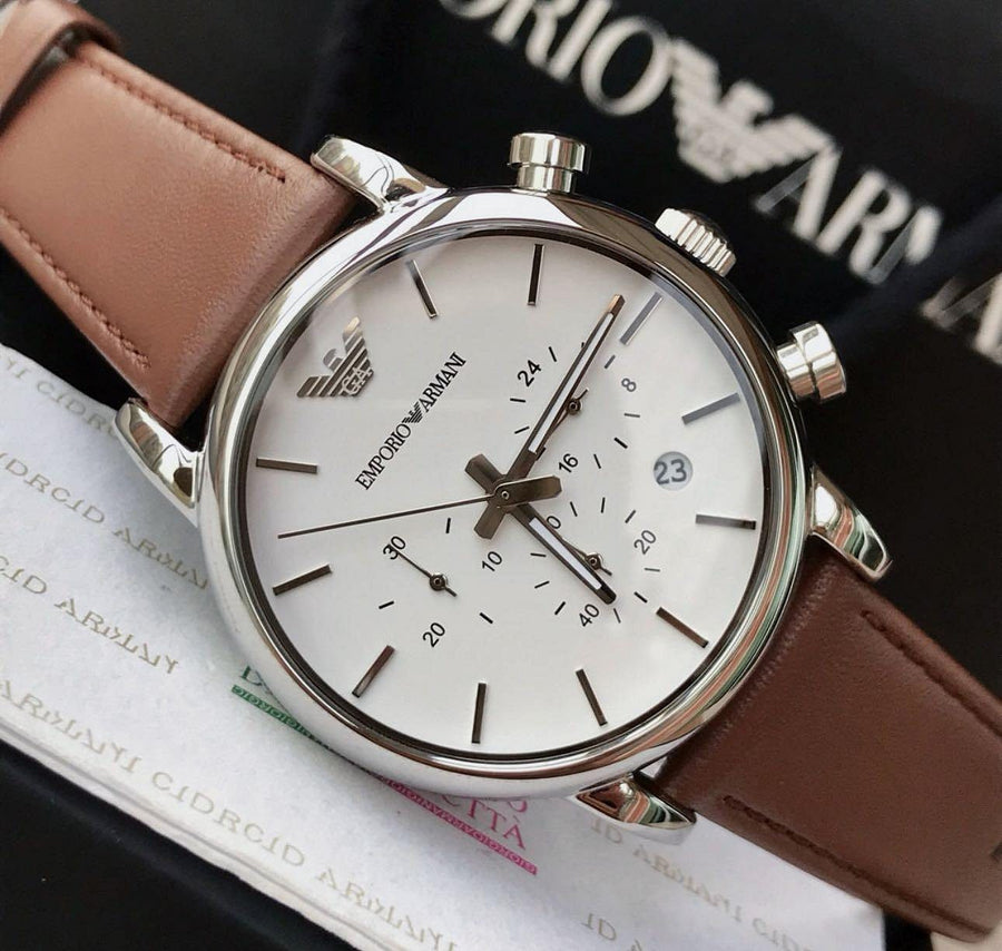 Emporio Armani Luigi Chronograph Silver Dial Brown Leather Strap Watch for Men - AR1846