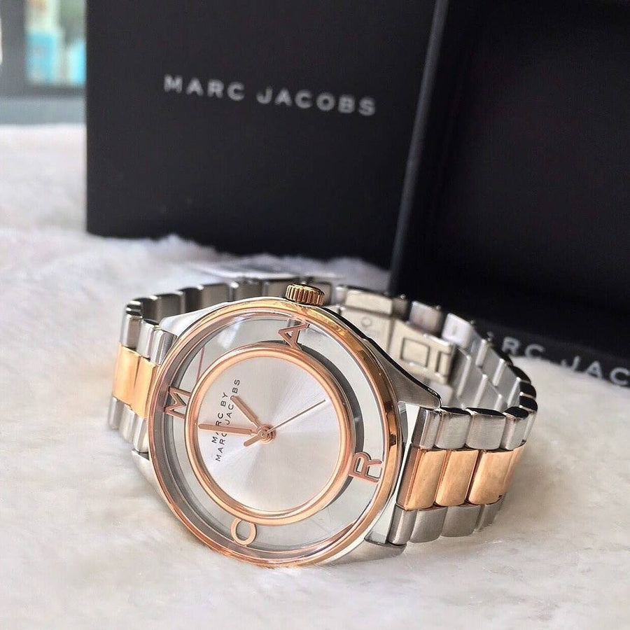 Marc Jacobs Tether Transparent White Dial Two Tone Steel Strap Watch for Women - MBM3436