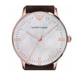 Emporio Armani Classic Quartz Mother of Pearl Dial Brown Leather Strap Watch For Women - AR1601