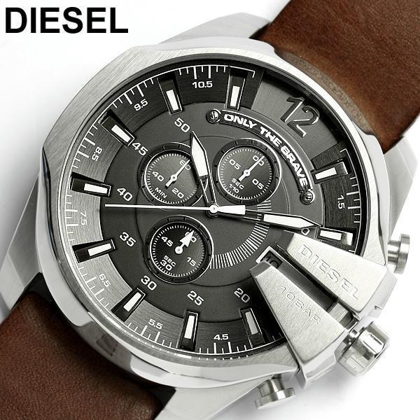 Diesel Mega Chief Chronograph Black Dial Brown Leather Strap Watch For Men - DZ4290