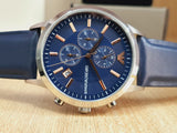 Emporio Armani Renato Chronograph Blue Dial Black Leather Strap Watch For Men - AR11216