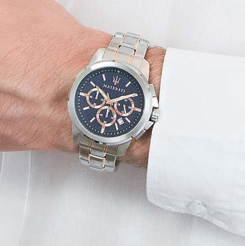 Maserati Successo Chronograph Blue Dial Two Tone Steel Strap Watch For Men - R8873621008