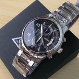 Guess Exec Chronograph Quartz Black Dial Silver Steel Strap Watch For Men - W0075G1