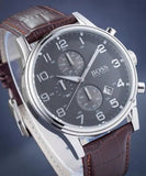 Hugo Boss Aeroliner Chronograph Quartz Grey Dial Brown Leather Strap Watch For Men - HB1512570