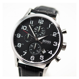 Hugo Boss Aeroliner Chronograph Black Dial Black Leather Strap Watch For Men - 1512448