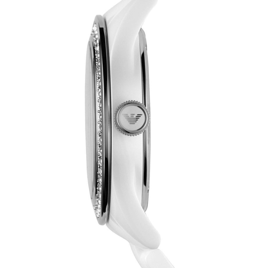 Emporio Armani Ceramica White Mother of Pearl Dial Stainless Steel Strap Watch For Women - AR1426