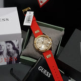 Guess Frontier Diamonds Gold Dial Red Rubber Strap Watch for Women - GW0045L2