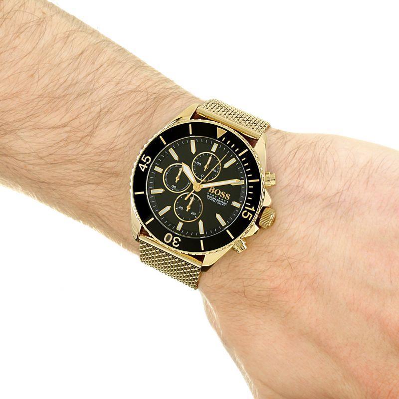 Hugo Boss Ocean Edition Black Dial Gold Mesh Bracelet Watch for Men - 1513703