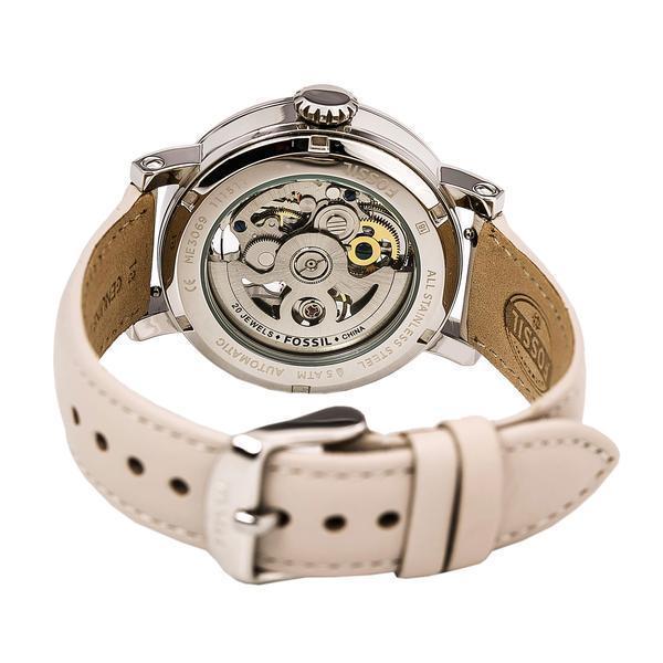 Fossil Boyfriend Automatic Skeleton Silver Dial White Leather Strap Watch for Women - ME3069