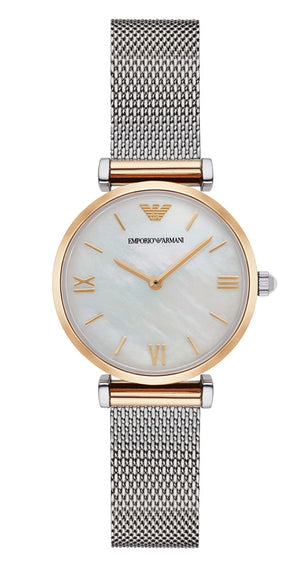 Emporio Armani Gianni T Bar Mother of Pearl Dial Silver Mesh Bracelet Watch For Women - AR2068