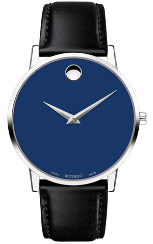 Movado Museum Blue Dial Black Leather Strap Watch For  Men - 2100009