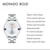 Movado Bold Silver Dial Silver Steel Strap Watch For Women - 3600084