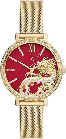 Fossil Jacqueline Dragonsteel Limited Edition Red Dial Gold Mesh Strap Watch for Women - ES5316