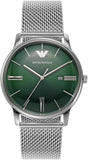 Emporio Armani Minimalist Quartz Green Dial Silver Mesh Bracelet Watch For Men - AR11578