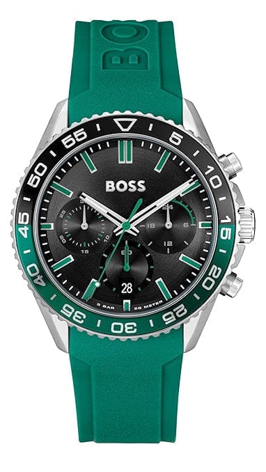 Hugo Boss Runner Chronograph Black Dial Green Silicone Strap Watch for Men - 1514246