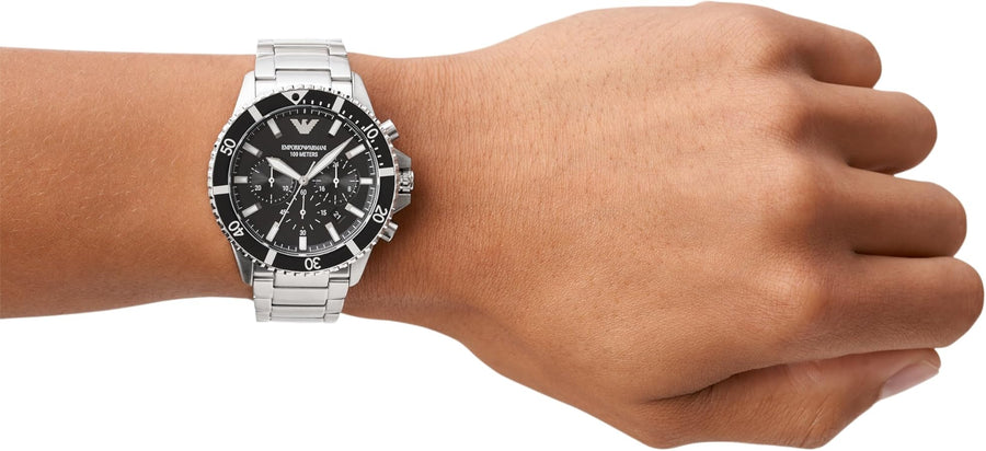 Emporio Armani Diver Chronograph Quartz Black Dial Silver Steel Strap Watch For Men - AR11360