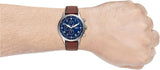 Fossil Retro Pilot Chronograph Blue Dial Brown Leather Strap Watch for Men - FS5832