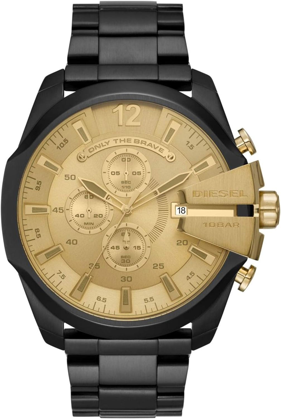 Diesel Mega Chief Chronograph Gold Dial Black Steel Strap Watch For Men - DZ4485