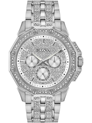 Bulova Crystal Collection Pave Silver Dial with Crystals Silver Steel Strap Watch for Men - 96C134