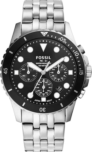 Fossil FB-01 Chronograph Black Dial Silver Steel Strap Watch for Men - FS5837