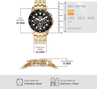 Fossil gold stainless steel watch with dimensions and credit card comparison
