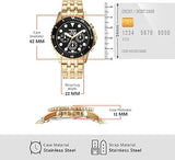 Fossil gold stainless steel watch with dimensions and credit card comparison