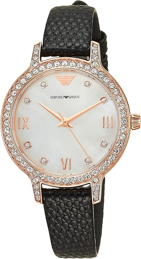 Emporio Armani Cleo Three-Hand Mother of Pearl Dial Black Leather Strap Watch For Women - AR11485