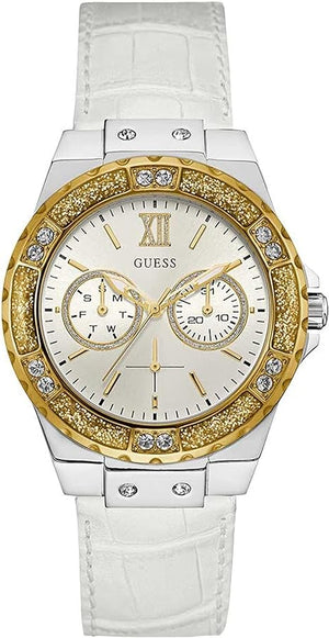 Guess Limelight Quartz Silver Dial White Leather Strap Watch For Women - W0775l8