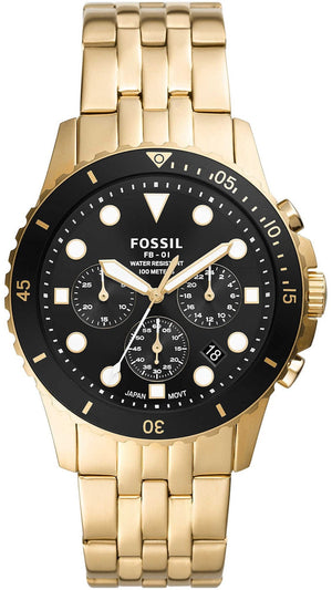 Fossil FB-01 Chronograph Black Dial Gold Steel Strap Watch for Men - FS5836