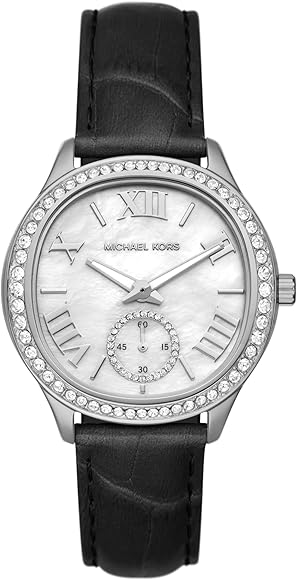 Michael Kors Sage Three-Hand Mother of Pearl White Dial Black Leather Strap Watch for Women - MK4821