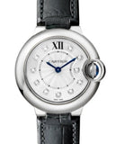 Cartier Ballon Bleu de Cartier Diamonds Silver Dial Black Leather Strap Watch for Women - W4BB0008