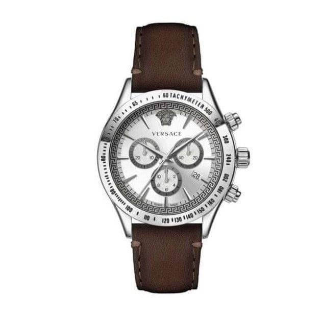 Versace Classic Chronograph Quartz Silver Dial Brown Leather Strap Watch For Men - VEV700119