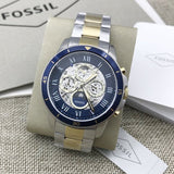 Fossil Grant Sport Automatic Skeleton Blue Dial Two Tone Steel Strap Watch for Men - ME3141