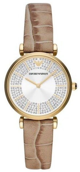 Emporio Armani Gianni T Bar Crystals Silver Dial Brown Leather Strap Watch For Women - AR11518