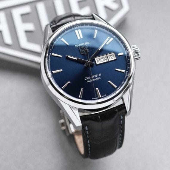 Tag Heuer Carrera Calibre 5 Automatic Blue Dial Blue Leather Strap Watch for Men - WAR201E.FC6292