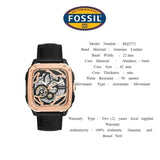 Fossil Inscription Automatic Skeleton Rose Gold Dial Black Leather Strap Watch for Men - BQ2572