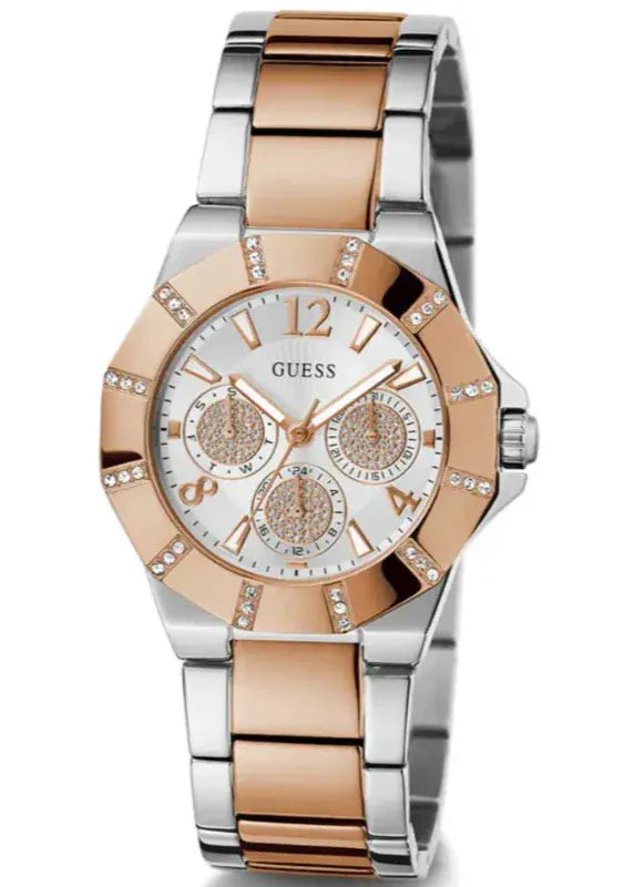 Guess Sunray Multifunction Crystals Silver Dial Two Tone Steel Strap Watch For Women - GW0616L3